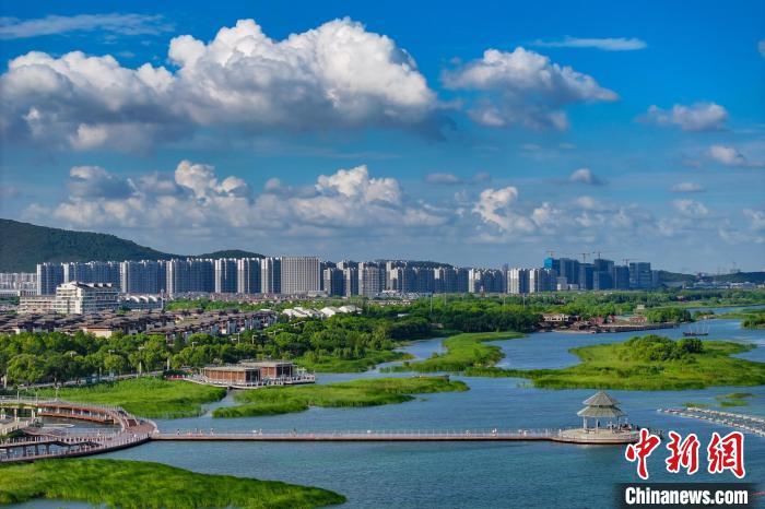 資料圖：航拍蘇州太湖湖濱國家濕地公園，藍(lán)天碧水生態(tài)美。 泱波 攝