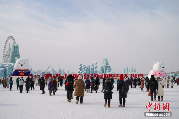 1月4日，第25屆哈爾濱冰雪大世界內(nèi)的冰雕吸引游客觀看。白天的冰雪大世界，游客仿佛置身現(xiàn)實版“冰雪奇緣”。<a target='_blank' href='/'><p  align=