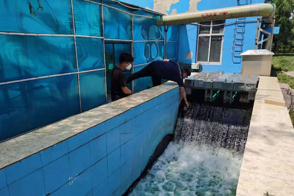 邯鄲市雞澤縣藍(lán)天污水處理廠員工正在出水口進行水質(zhì)檢測。鄭佳欣攝