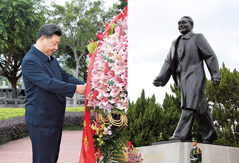 2020年10月14日，習(xí)近平總書記向深圳蓮花山公園鄧小平同志銅像敬獻(xiàn)花籃。