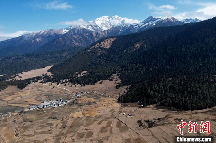 2月17日，西藏林芝魯朗小鎮(zhèn)周邊雪山與牧場。(無人機照片) 李林 攝